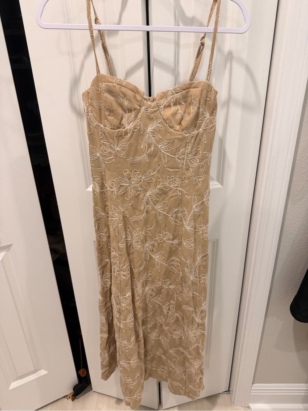 Zara Tan-Beige Embroidered Spaghetti Strap Dress